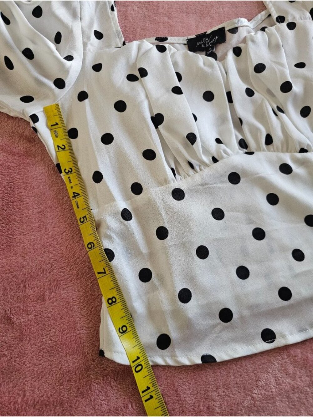 Size S Polka Dot Puff Sleeve Square Neck Blouse - White/Black. - Picture 8 of 10